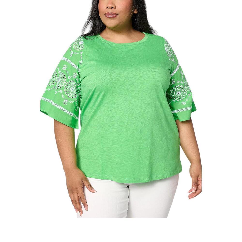 Belle by Kim Gravel Women's Slub Knit Eyelet Slv Mixed Media Top Green - Regular